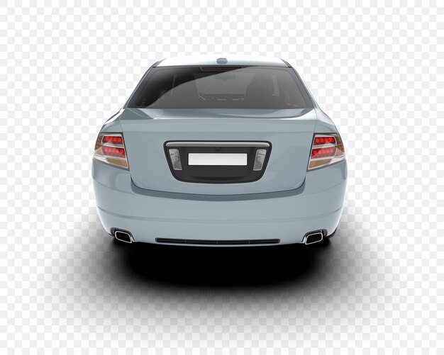 Vista trasera de un automóvil sedan azul aislado en un fondo blanco