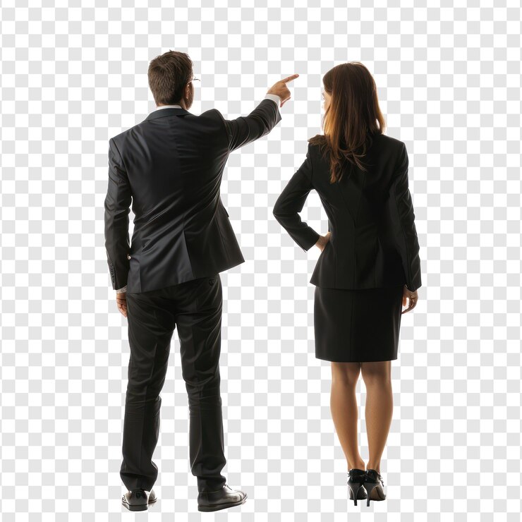 PSD vista trasera completa del cuerpo de un hombre de negocios y una mujer de negocios apuntando a la transparencia de fondo psd