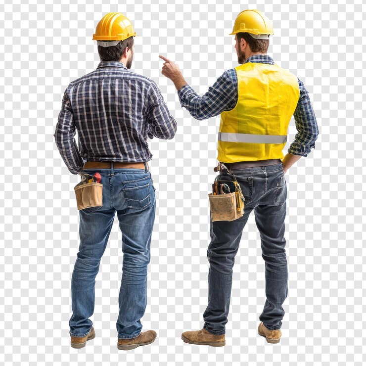 PSD vista trasera de la discusión del ingeniero y el trabajador de la construcción y la mano ponting algo de longitud completa aislar en fondo transparente
