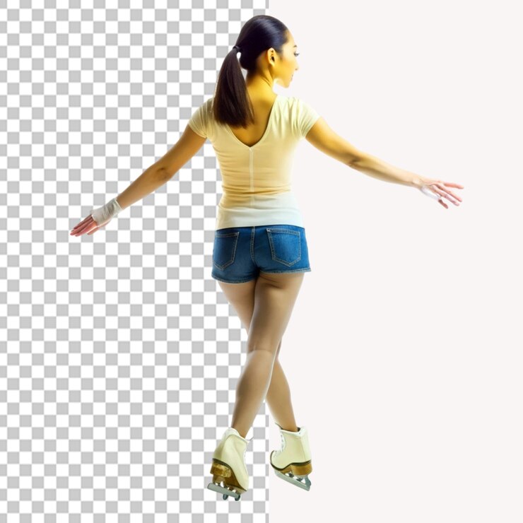 PSD vista trasera mujer asiática patinando sobre un fondo transparente