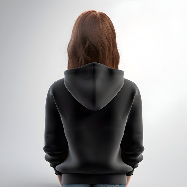 Vista trasera de una mujer con capucha negra en un fondo gris vista trasera