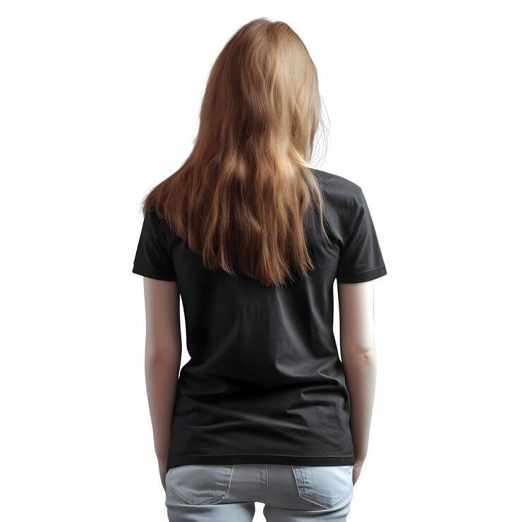 PSD vista trasera de una mujer joven de pie en una camiseta negra en blanco aislada sobre un fondo blanco
