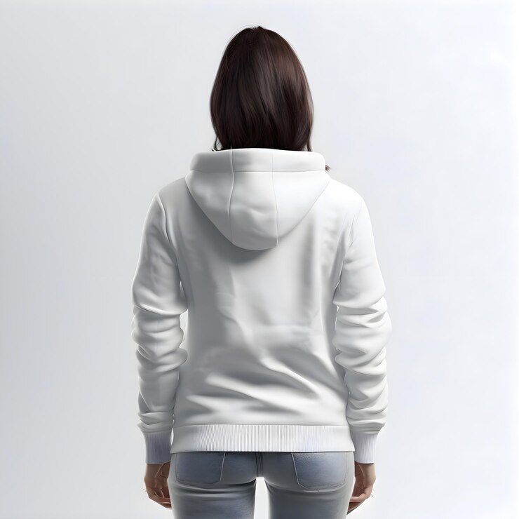 PSD vista trasera de una mujer con una sudadera blanca sobre un fondo gris