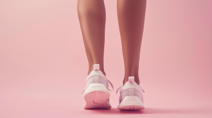 PSD vista trasera de las piernas femeninas en zapatillas blancas sobre fondo rosa
