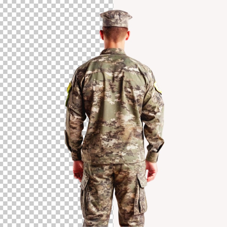 PSD vista trasera de un soldado en uniforme sobre un fondo transparente
