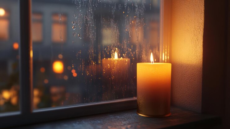 PSD vista de la ventana a la luz de las velas
