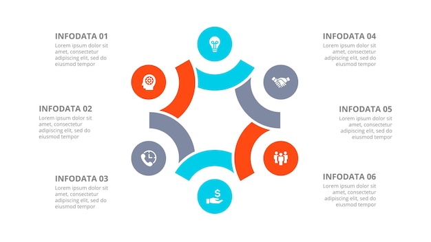 Visualização de gráfico abstrato hexagonal com 6 opções de modelo de infográfico