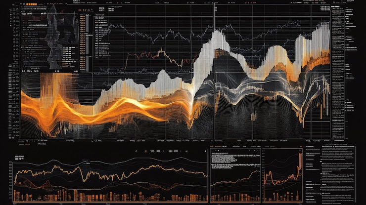 PSD visualización de datos abstractos que muestran tendencias y estadísticas complejas de los mercados financieros en múltiples pantallas