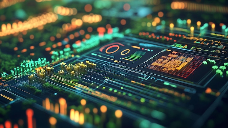 PSD visualización de datos digitales abstractos con líneas brillantes, nodos y gráficos en una placa de circuitos