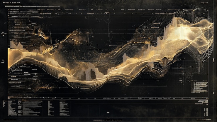 PSD visualización de datos de ondas doradas abstractas en un fondo oscuro