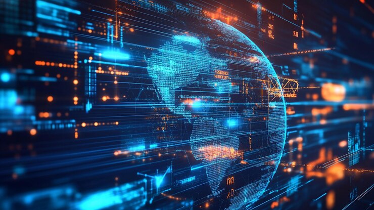 PSD visualización del flujo de datos de la red global tierra digital con líneas y códigos brillantes