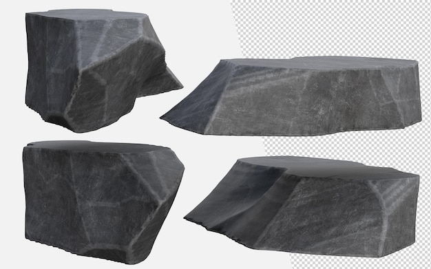Visualización de podio de piedra negra 3D Pedestal de paso de roca gris áspera natural Concepto de soporte de piedra cruda exhibición de anuncio producto telón de fondo montaña