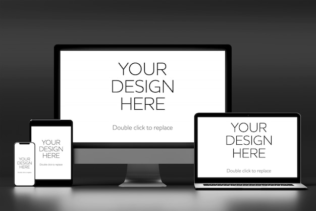 Visualizzazione di un mockup di smartphone, tablet, computer desktop e laptop