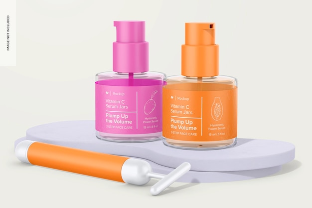 PSD vitamin c serum jars mockup auf dem podium