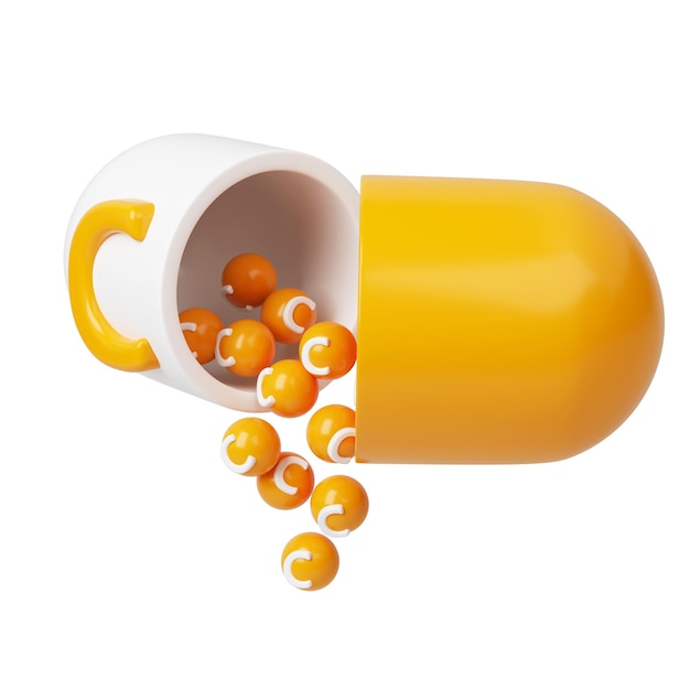 Vitamina C naranja en cápsula icono 3d complejo mineral en forma molecular pastillas