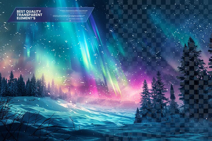 PSD viva la aurora boreal sobre un paisaje nevado con un fondo transparente