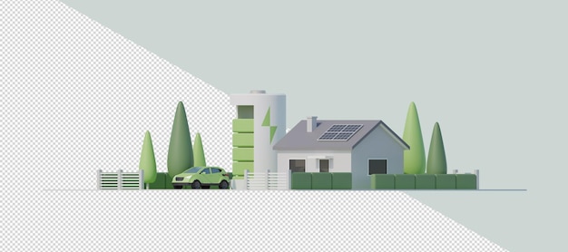 PSD vivienda de fuente de energía renovable 3d con coche eléctrico y paneles solares vista lateral