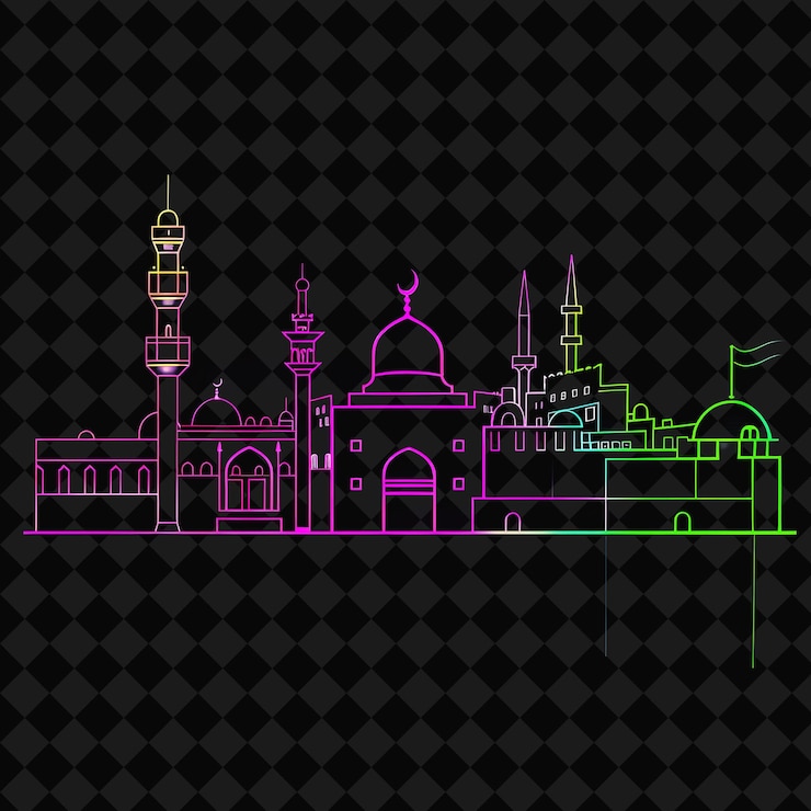 PSD vivo neon tripoli paisaje urbano dentro de una silueta rectángulo l png y2k monoline paisaje urbano collage arte