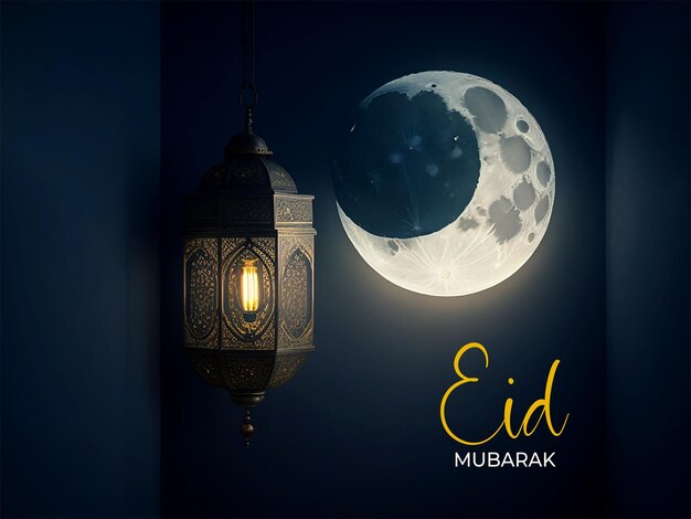 PSD des vœux d'eid mubarak sur fond avec une lanterne et de la lune