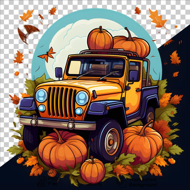 PSD voiture d'automne avec des citrouilles illustration design de t-shirt d' automne isolé sur un fond transparent png