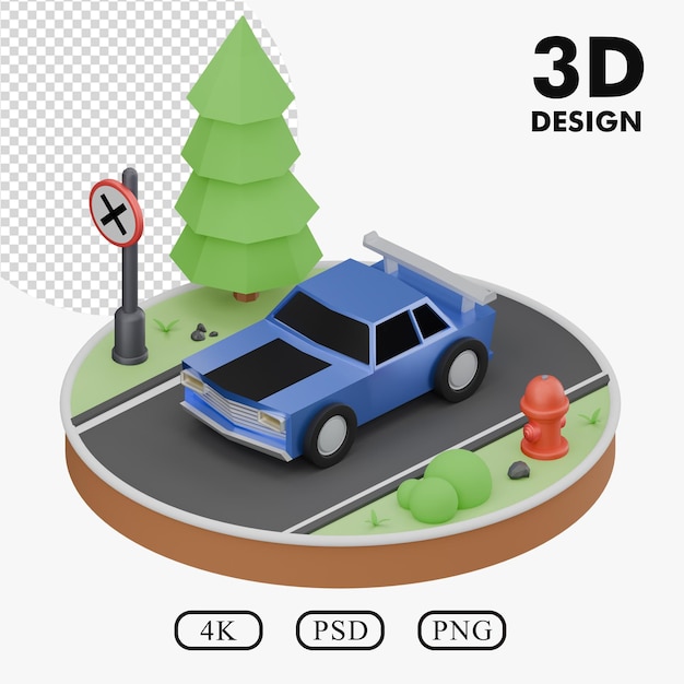 Voiture bleue 3D sur une route avec un fond transparent
