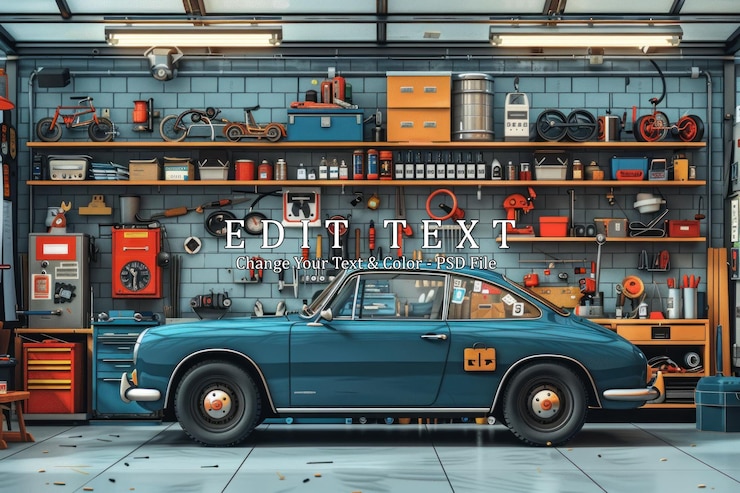 PSD une voiture bleue classique garée dans un garage encombré avec divers outils, équipements et autres articles sur les murs
