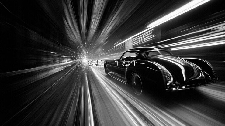 PSD une voiture classique qui traverse la ville la nuit en noir et blanc.