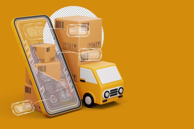 Voiture de livraison avec téléphone et boîte à colis véhicule de transport rendu 3d