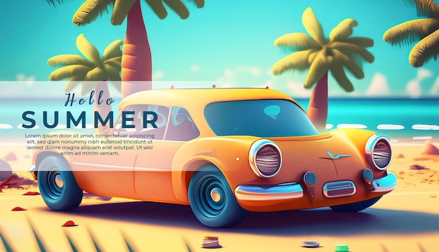 PSD une voiture sur la plage bannière d'été conception bannière psd de style dessin animé