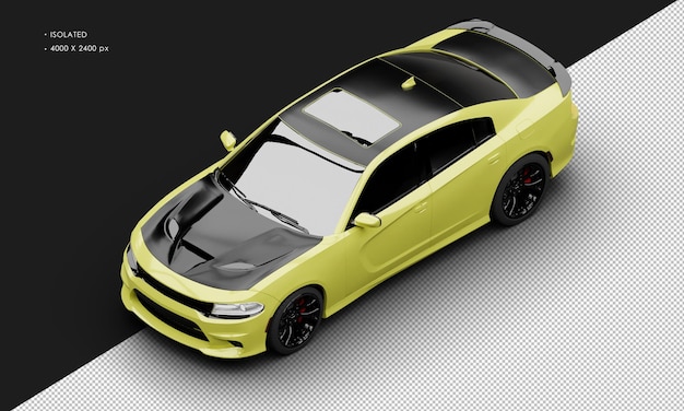 PSD voiture de sport musculaire moderne jaune métallisé réaliste isolée depuis la vue avant supérieure gauche