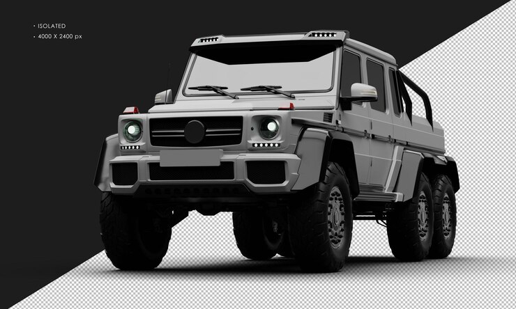 Voiture SUV de luxe à six roues motrices exclusive isolée réaliste gris matte vue de l'angle avant gauche