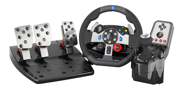Volante de carreras de juegos con pedal de pie y retroalimentación de vibración renderización 3D aislada en fondo transparente