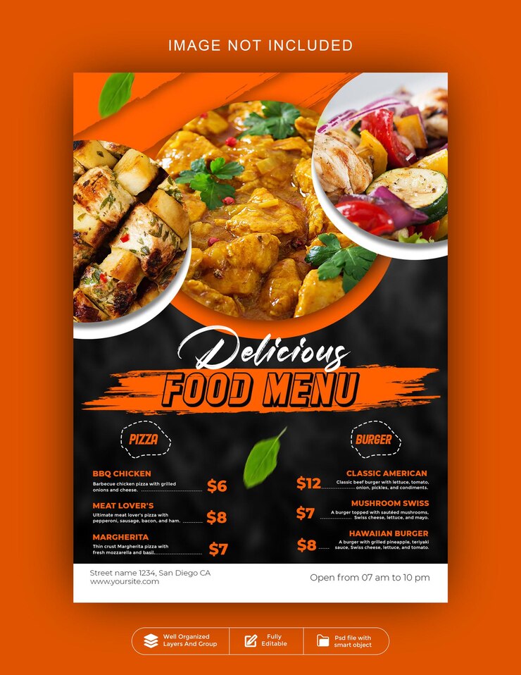 PSD el volante del menú de la comida deliciosa