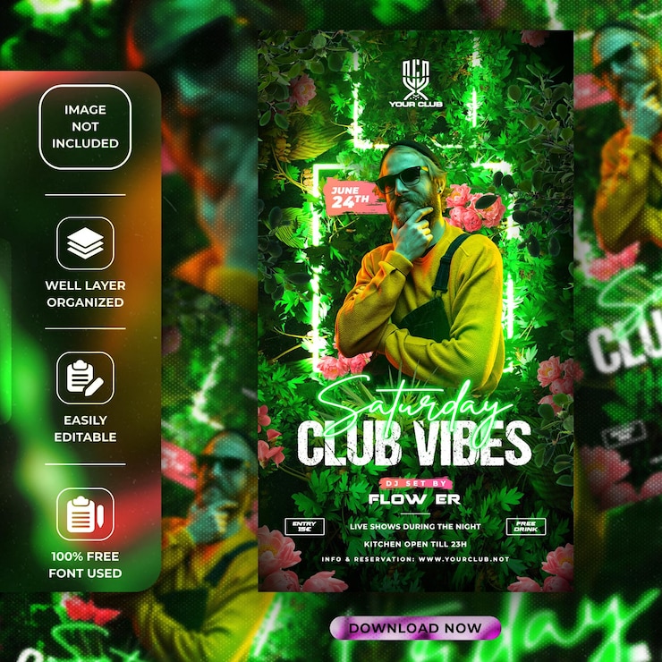 PSD un volante para las vibraciones del club de los sábados con un hombre con una camisa verde.