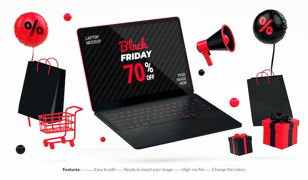 Volantino del Black Friday con mockup di laptop galleggiante e roba rossa su sfondo bianco