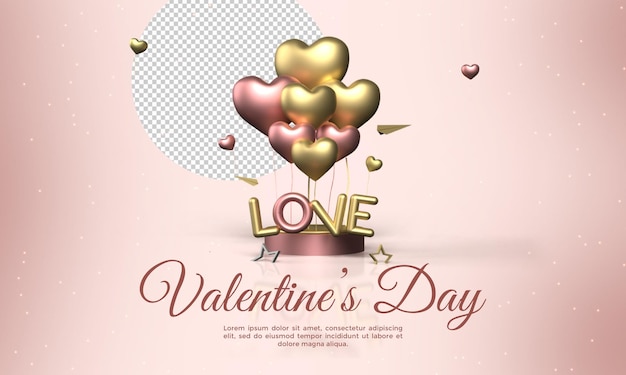 Volantino di San Valentino con rendering 3d realistico con palloncini