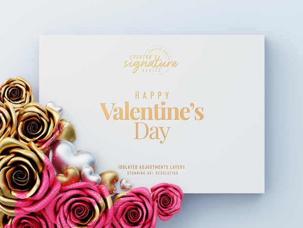 Volantino di San Valentino Mockup di invito con rose decorative e cuori d'amore Scena di paesaggio