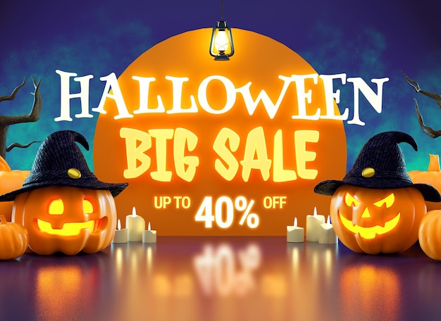 Volantino per la promozione di grandi saldi di Halloween con zucche e scritte luminose in rendering 3D
