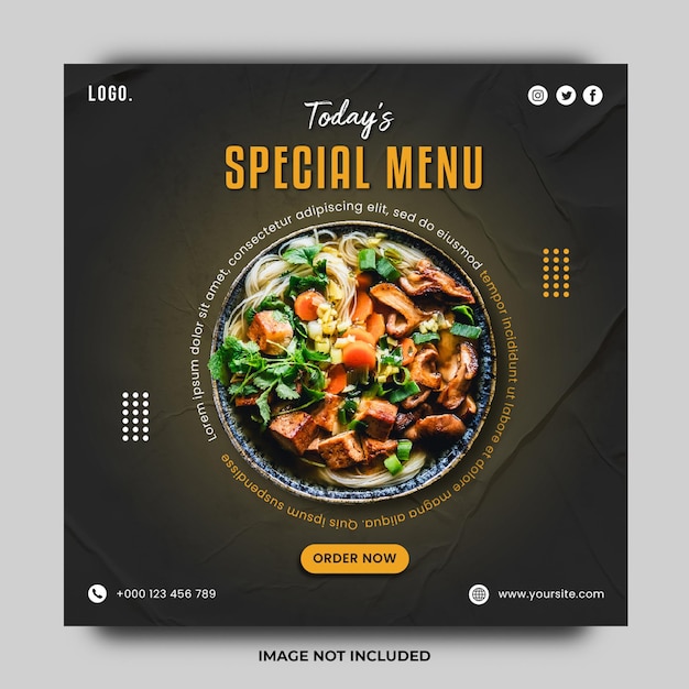 Volantino sui social media per la promozione di menu di cibi speciali sani o modello di post di Instagram