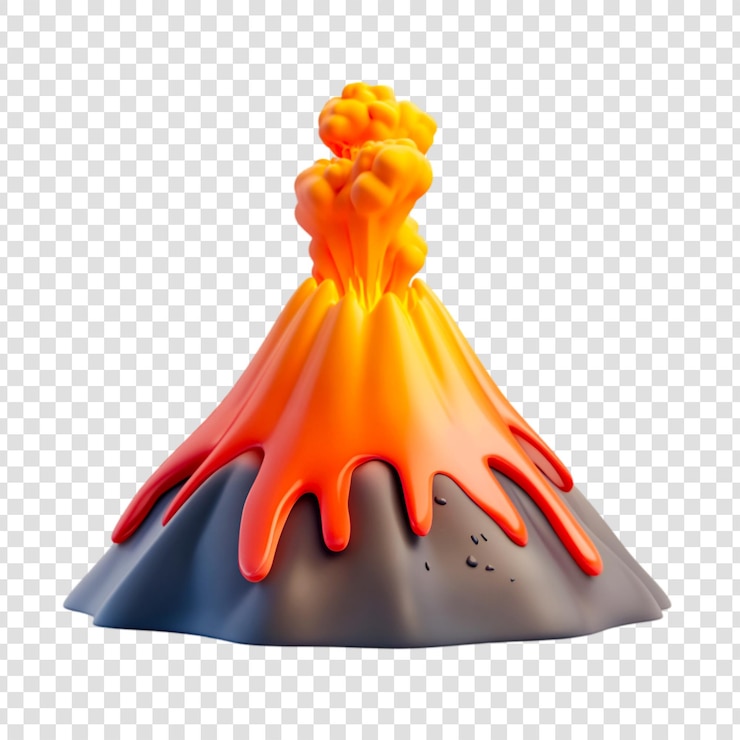 PSD volcán de dibujos animados en erupción lava naranja caliente que fluye hacia abajo lados una representación 3d en fondo transparente