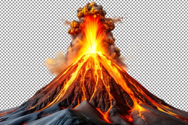 PSD el volcán en erupción con lava iluminando el cielo nocturno