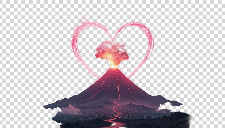 PSD el volcán está rodeado de formaciones de íconos del amor
