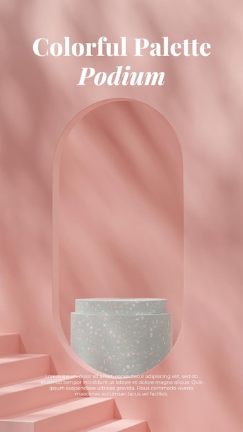 Volle Gobo-Licht-3D-Rendering-Mockup-Szene mit grünem Terrazzo-Textur-Podium im Hochformat mit Bogen