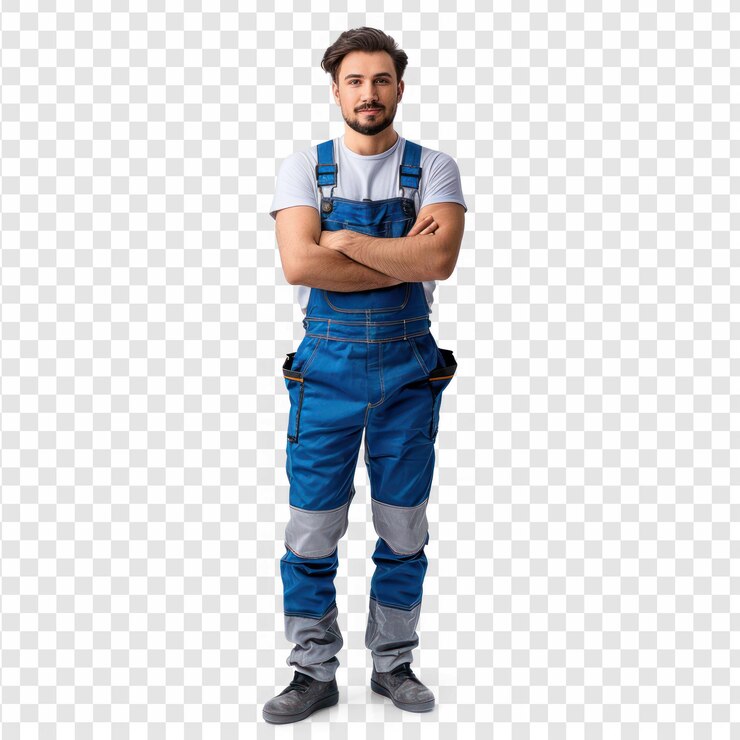 vollkörperlicher selbstbewusster professioneller Handwerker in Overall auf transparentem Hintergrund PSD
