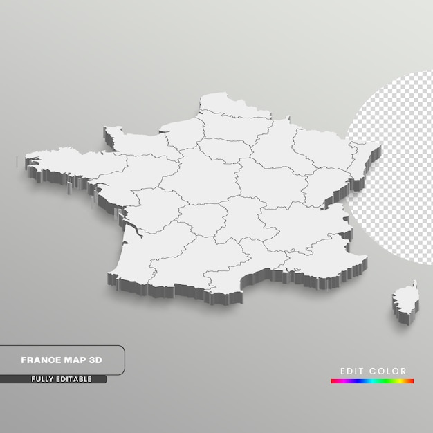 PSD vollständig bearbeitbare 3d-isometrische weiße frankreich-karte mit staaten oder provinzen auf weißem, isoliertem hintergrund.