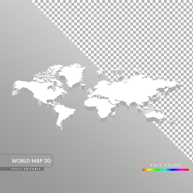 Vollständig bearbeitbare isometrische weiße 3D-Weltkarte auf weißem, isoliertem Hintergrund.