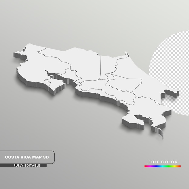 PSD vollständig bearbeitbares 3d-isometrisches weißes costa rica mit provinzen oder provinzen, weißer isolierter hintergrund.