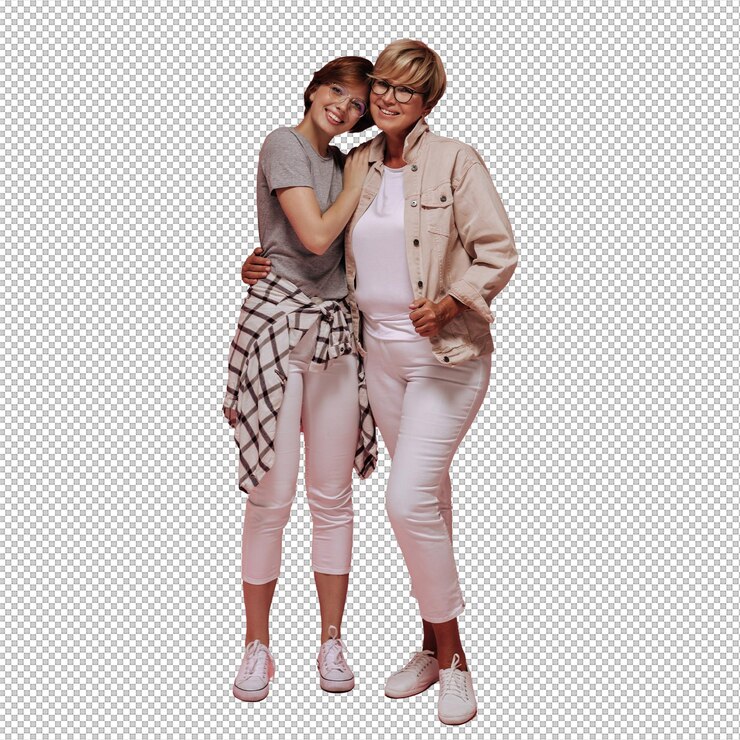 PSD vollständiges foto von zwei frauen mit kurzer cooler frisur und moderner brille in weißen hosen und sneakers, die lächeln und sich auf isolierter kulisse umarmen