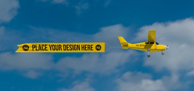 Volo aereo nel cielo con banner mock-up