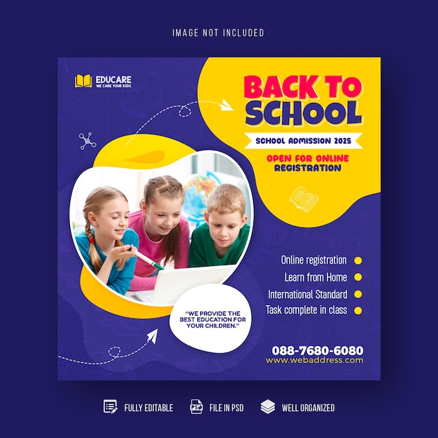 voltar às aulas educação admissão postagem em mídia social e banner na web